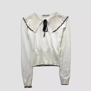 Zara Womens Peter Pan Collar White Sweater Size Medium